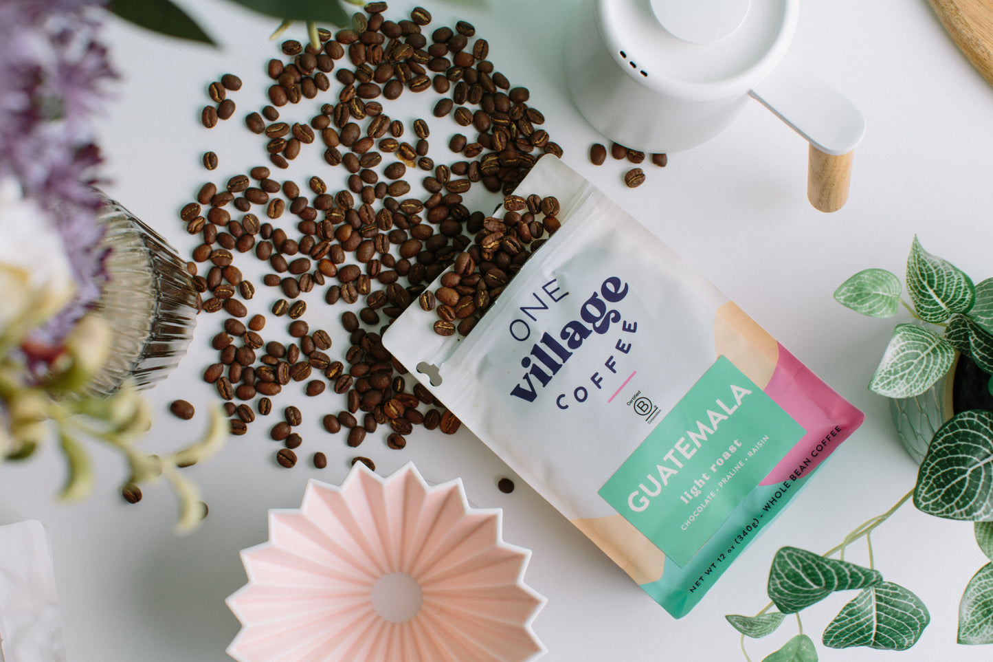 Image of Guatemala Coffee Bag on kitchen counter top surrounded by coffee beats, pour over, kettle, and plants.