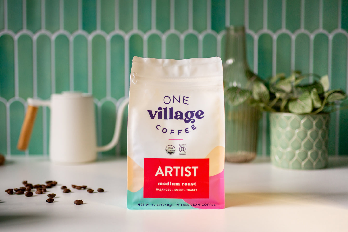 Image of Artist coffee bag in kitchen.