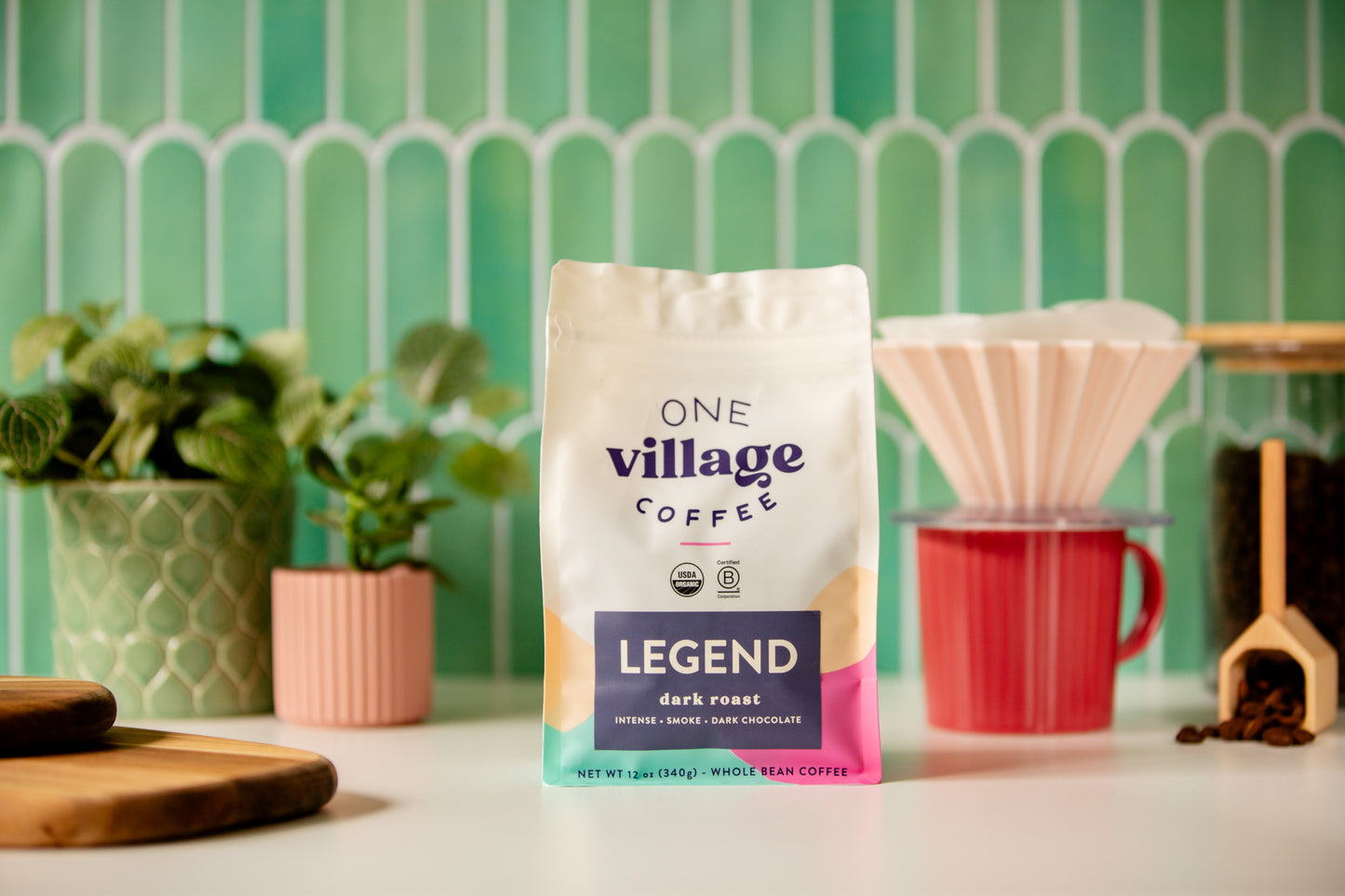 Image of Legend coffee bag in kitchen setting.